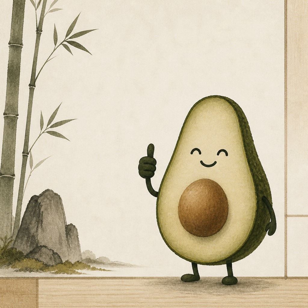 a happy avocado character giving a thumbs up, bold readable design on a plain background, no text
