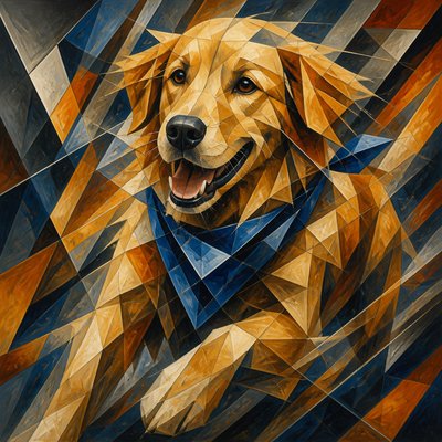 portrait of a golden retriever wearing a blue bandana, warm plain backdrop, no text