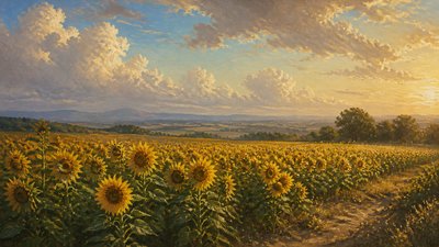 an endless field of sunflowers under summer clouds, no people