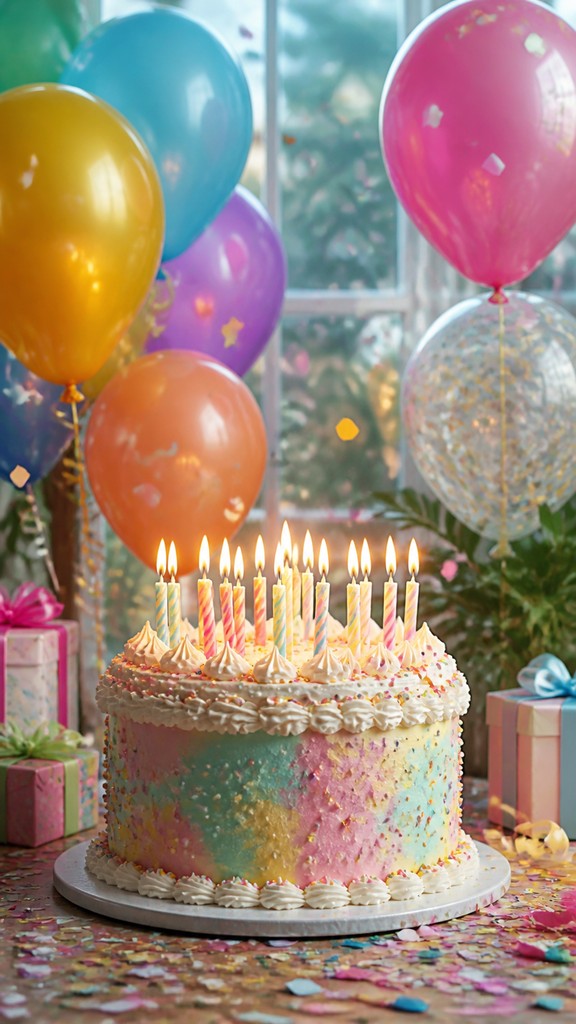 a birthday cake with lit candles surrounded by balloons and confetti, festive vertical composition, no text