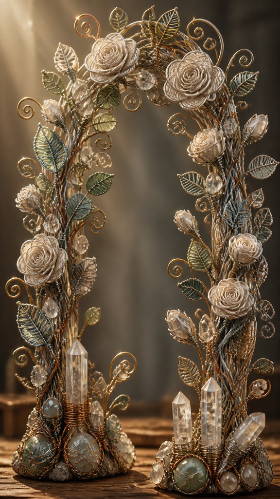 an arch of white roses and eucalyptus in soft morning light, elegant vertical composition with open space, no text