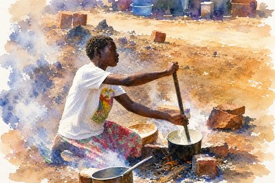 a painting of a man cooking food on a stove