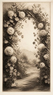 an arch of white roses and eucalyptus in soft morning light, elegant vertical composition with open space, no text