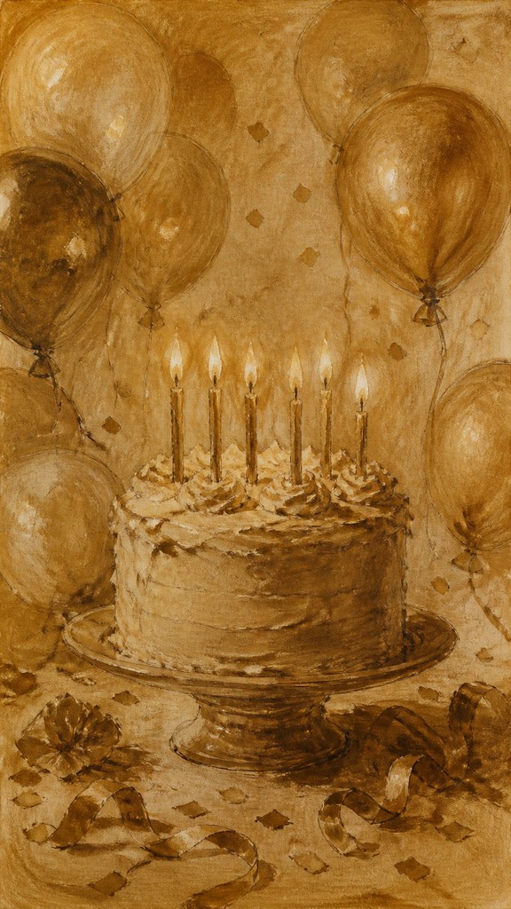 a birthday cake with lit candles surrounded by balloons and confetti, festive vertical composition, no text