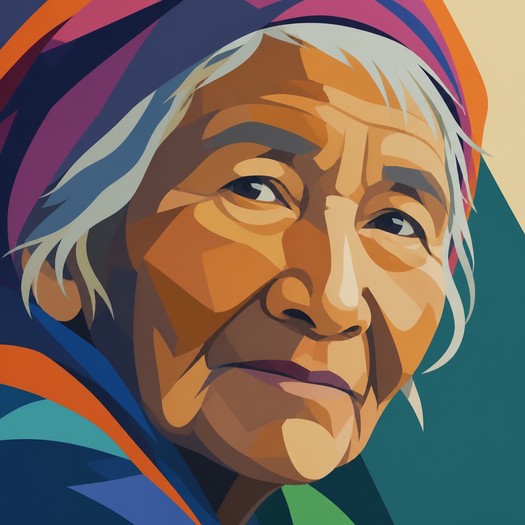 close-up portrait of an elderly person with expressive weathered features — Flat Shape Art Style