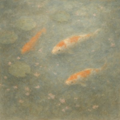 A koi pond seen from above, orange and white koi fish swimming among lily pads, clear water with subtle ripples, fallen cherry blossom petals floating on the surface, dappled sunlight