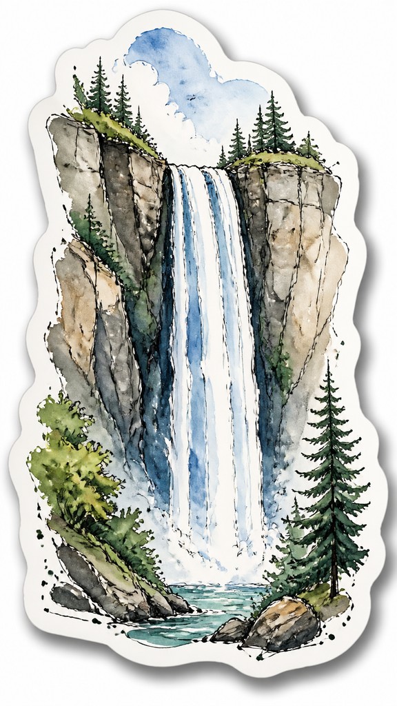 towering waterfall cascading down a cliff