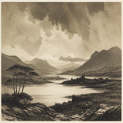 wide landscape with natural scenery — Aquatint Print Style