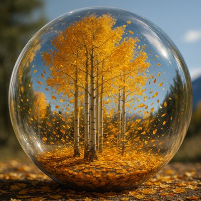 A breathtaking and surreal scene of vibrant Aspen trees in full autumn splendor, encased within a massive, crystal-clear, life-size glass bubble, reminiscent of a hyperrealistic snow globe. The glass bubble is perfectly spherical and transparent, allowing an unobstructed view into its contained world.

Inside the bubble, a fierce autumn wind is whipping through the Aspen trees, which are ablaze with brilliant golden, yellow, and orange leaves. Countless individual leaves are detached from the branches and are swirling dynamically in a vibrant vortex around the tree trunks, creating a beautiful, chaotic dance. Some leaves cling to the ground, while others are caught in mid-air, a riot of color against the pale, smooth bark of the Aspens. The ground inside the bubble is covered in a thick carpet of fallen, colorful leaves.

The exterior of the glass bubble reflects and subtly distorts a serene, autumnal mountain landscape or clear blue sky, emphasizing its pristine, contained nature. The lighting is bright and ethereal, perfectly illuminating the vibrant leaf colors and the transparency of the glass, highlighting the dynamic movement within. The overall mood is one of encapsulated beauty, powerful natural forces held in exquisite suspension, and serene wonder."
