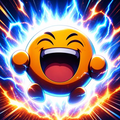 an exaggerated laughing face of an original round mascot character, bold and readable at small size, plain background, no text