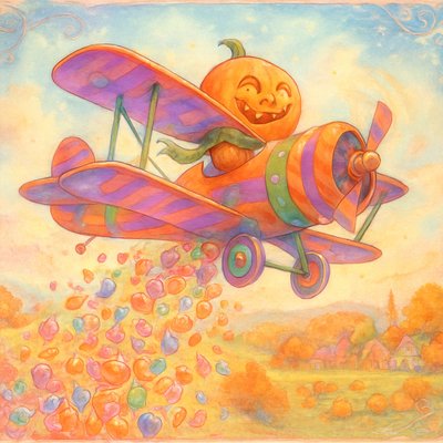 A fantastically cheerful and dynamic scene featuring the happy pumpkin-head figure (with the swirled, smiling carved face and internal glow) as the pilot of a classic, brightly colored biplane. The biplane itself is whimsically designed, perhaps with candy-themed accents or painted in vibrant, cheerful colors like orange, purple, and green.

The biplane is soaring through a clear, azure autumn sky, actively 'crop-dusting' a massive, exuberant stream of colorful Halloween candy from its underside. The candy (an abundant mix of wrapped chocolates, lollipops, candy corn, and various sweets) cascades downwards in a wide, joyous plume, spreading across the landscape below.

The landscape beneath the biplane is an idyllic, festive autumnal scene: rolling hills covered in vibrant fall foliage (golden, red, orange trees), a charming pumpkin patch, or a quaint, candy-colored village. The perspective is dynamic, capturing the plane in motion with the candy streaming behind it. The lighting is bright and sunny, emphasizing the vivid colors of the plane, the candy, and the autumn scenery. The overall mood is one of pure, unadulterated joy, playful magic, and festive exuberance, like a sugary parade from the sky." whimsical illustration, cartoon animation style, vibrant, dynamic motion, expressive character, detailed candy and plane design, festive atmosphere