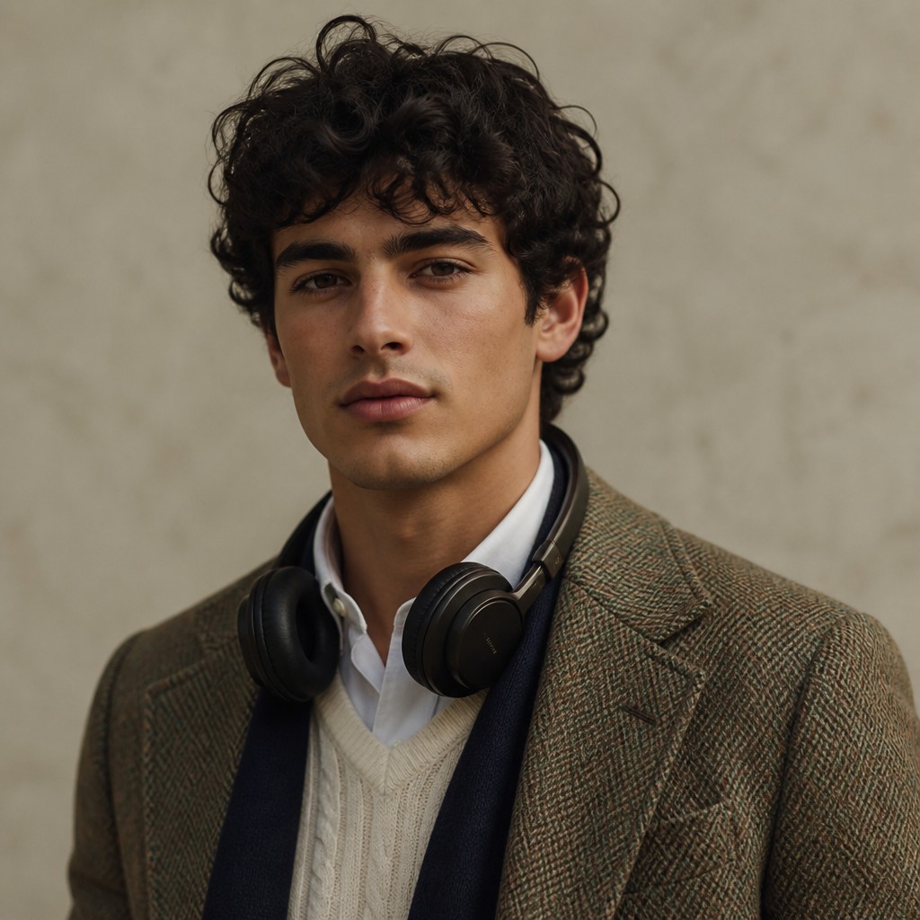 head-and-shoulders portrait of an original character: a young man with curly dark hair and headphones around his neck, plain backdrop, no text