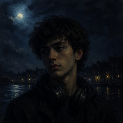 head-and-shoulders portrait of an original character: a young man with curly dark hair and headphones around his neck, plain backdrop, no text