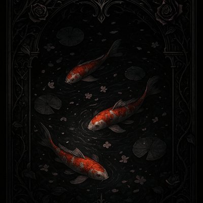 A koi pond seen from above, orange and white koi fish swimming among lily pads, clear water with subtle ripples, fallen cherry blossom petals floating on the surface, dappled sunlight