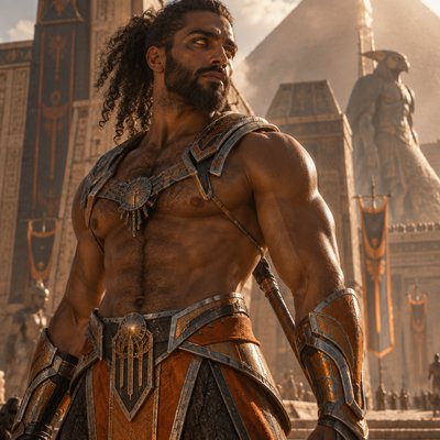 Je veux que tu me fasses un guerrier, tres modern avec une armure moderne genre full orange teracota argente sans manche ni haut  in voit ses muscle et il a une barbe et des cheveux long bouclés attacheé en arriere il est hot et un peu poilu pour le realisme il est brun  et a des yeux orange , on dirait presque un dieu de l’egypte ancien avec l’ethnie aui va avec 