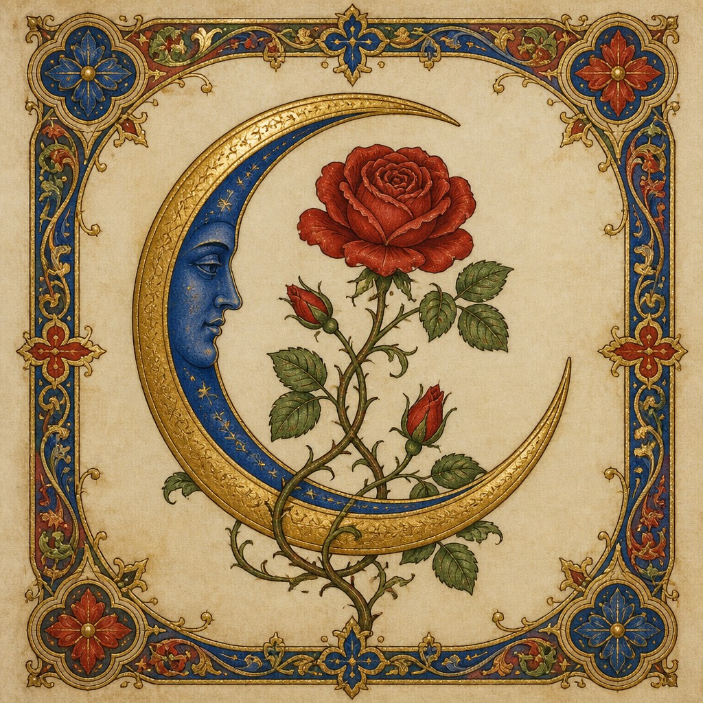a rose entwined with a crescent moon, clean balanced composition on a plain background, no text
