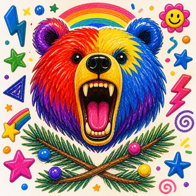 a roaring bear head above crossed pine branches, bold graphic composition on a plain background, no text