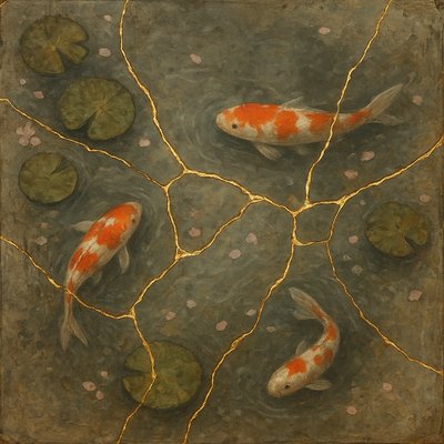 A koi pond seen from above, orange and white koi fish swimming among lily pads, clear water with subtle ripples, fallen cherry blossom petals floating on the surface, dappled sunlight