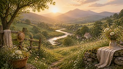 a vast valley with a river winding toward distant mountains at sunrise, no people, no text