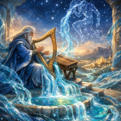 A wide-angle, epic and majestic fantasy-realism style illustration for ArtStyles, based on Psalm 92:3, capturing a grand, celestial-inspired musician at dawn. In a mystical, open-air temple balcony under a starry sky with the constellation Aquarius prominently visible as a shimmering water-bearer icon pouring water, a majestic figure with a flowing beard and blue and silver robes (symbolizing Aquarius and music) is seated. Before the figure are two elaborate instruments.
One is a unique, gilded and carved wooden harp with a distinct triangular frame, which is explicitly and clearly shown with exactly ten distinct, visible, and countable strings stretched taut. The strings are glistening with cool, deep blue and golden light as the musician plucks them. Nearby, a beautiful, multi-stringed wooden psaltery (a trapezoidal zither-like instrument) sits on a stand, also being played by the other hand.
As the musician plays, glowing streams of illuminated, cascading blue and indigo water, visualized as physical music, emanate directly from the vibrating strings of both the ten-string harp and the psaltery. This water-music does not fall as rain, but flows down and out in majestic, powerful, yet gentle streams, just like an outpour from an Aquarian vessel. The water-music pools into a crystal-clear basin below the instruments, and then cascades over a series of carved crystal steps, spreading out across the temple floor and into a valley, illustrating the sound going out. The "solemn sound" is visualized through the deep, rich colors of the flowing water and the light within it, and the steady, powerful, and calming nature of the flow. The atmosphere is solemn, peaceful, and epic. The surrounding architecture is ancient and detailed with astrological symbols of stars and flowing water. In the distant valley, a magnificent city and a winding river are touched by the flowing water-music. No text or labels are on screen. The lighting is early morning gold and blue. Detailed fabric textures and wood grain are visible.