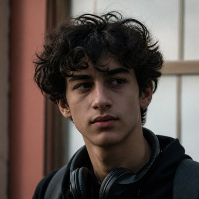 head-and-shoulders portrait of an original character: a young man with curly dark hair and headphones around his neck, plain backdrop, no text