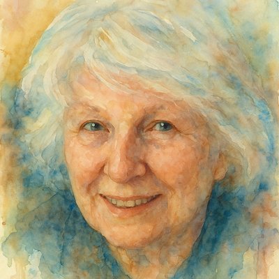 a watercolor painting of an older woman