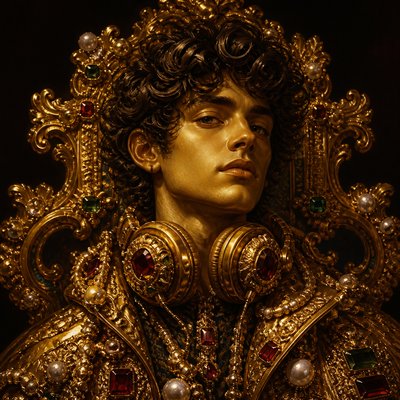 head-and-shoulders portrait of an original character: a young man with curly dark hair and headphones around his neck, plain backdrop, no text