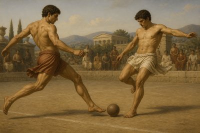 two ancient greek athletes kicking a ball