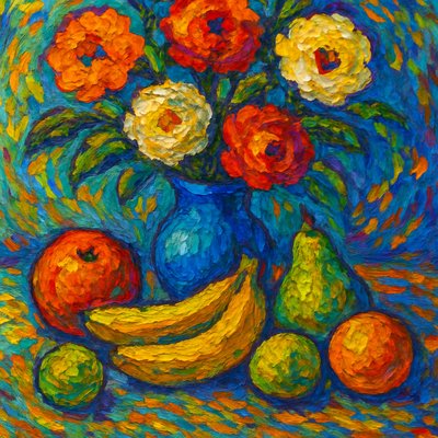 still life arrangement of fruits and flowers