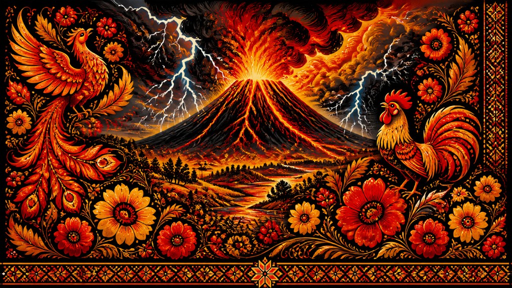 an erupting volcano with lightning strikes, dramatic wide composition, no text