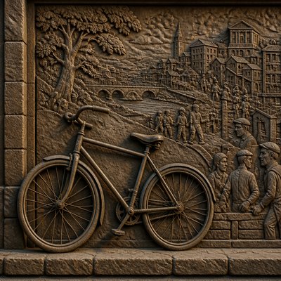 bicyle resting against a wall — Relief Carving Sculpture Style