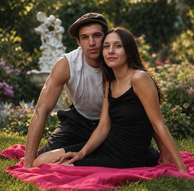 a man and a woman are sitting on a blanket