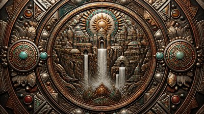 a cliffside city with waterfalls cascading into a misty canyon, wide establishing shot, no people, no text