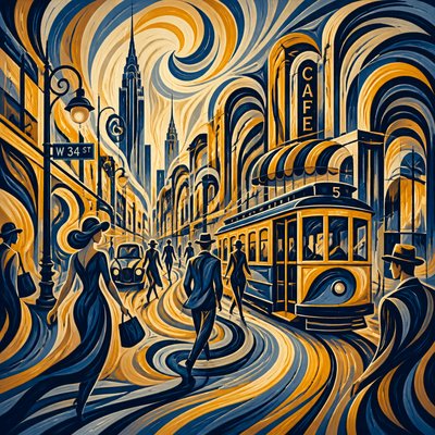 urban street with city activity — Visual Rhythm Art Style