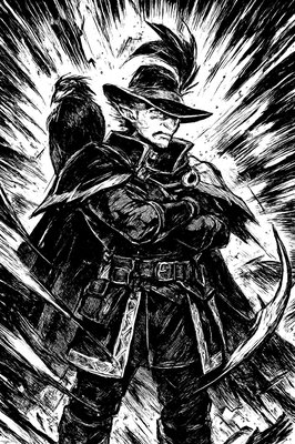 a drawing of a man in a hat and cape