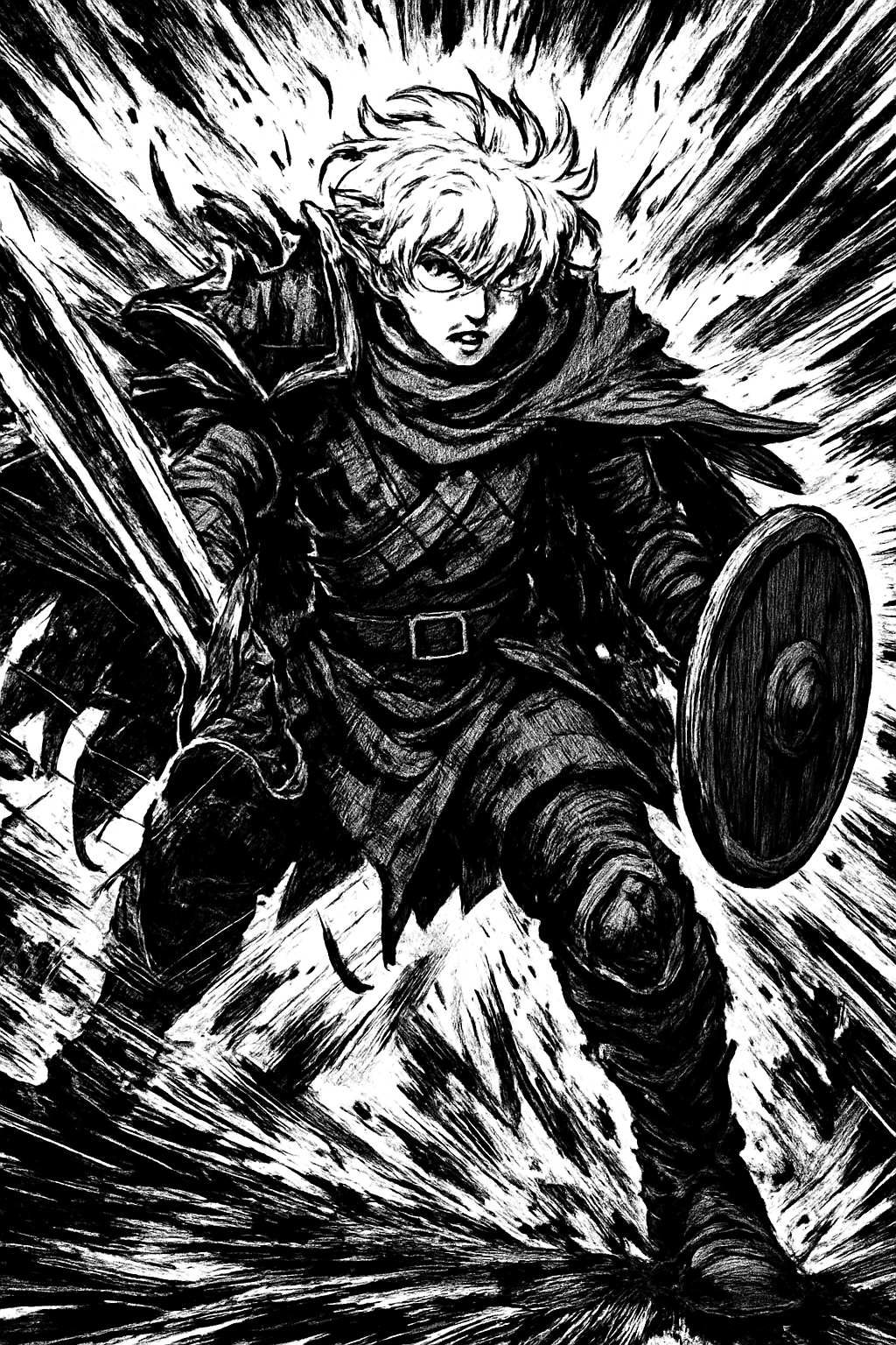a black and white drawing of a man with a sword