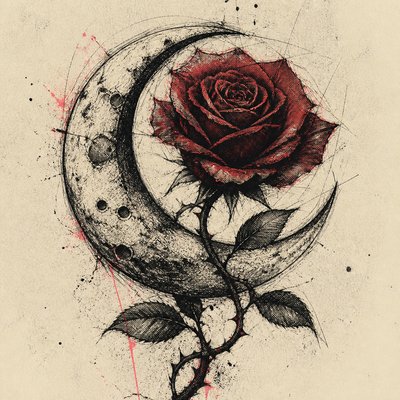 a rose entwined with a crescent moon, clean balanced composition on a plain background, no text
