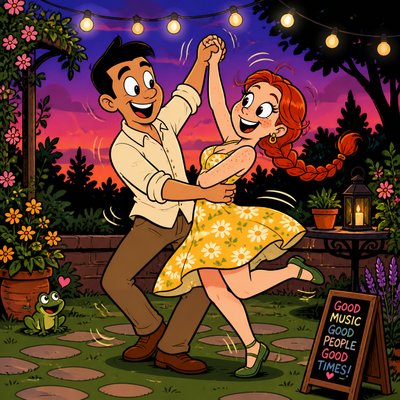 an original couple dancing under string lights in a garden at dusk: a man with short black hair in a linen shirt and a woman with braided red hair in a summer dress