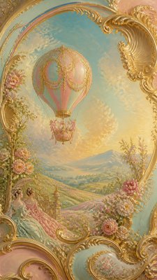 a hot air balloon drifting over rolling flower fields on a sunny day, cheerful, no text