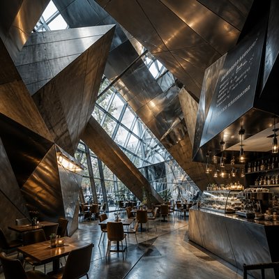 cozy cafe interior with warm lighting
