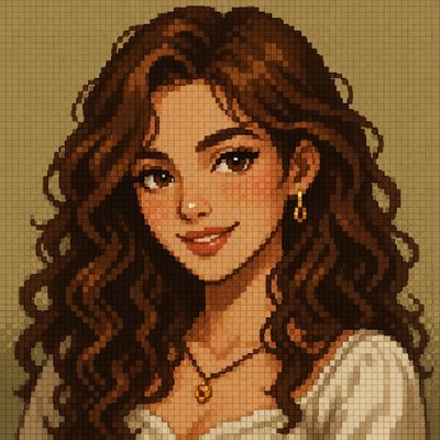 head-and-shoulders portrait of an original character: a young woman with wavy chestnut hair and a warm smile, plain soft backdrop