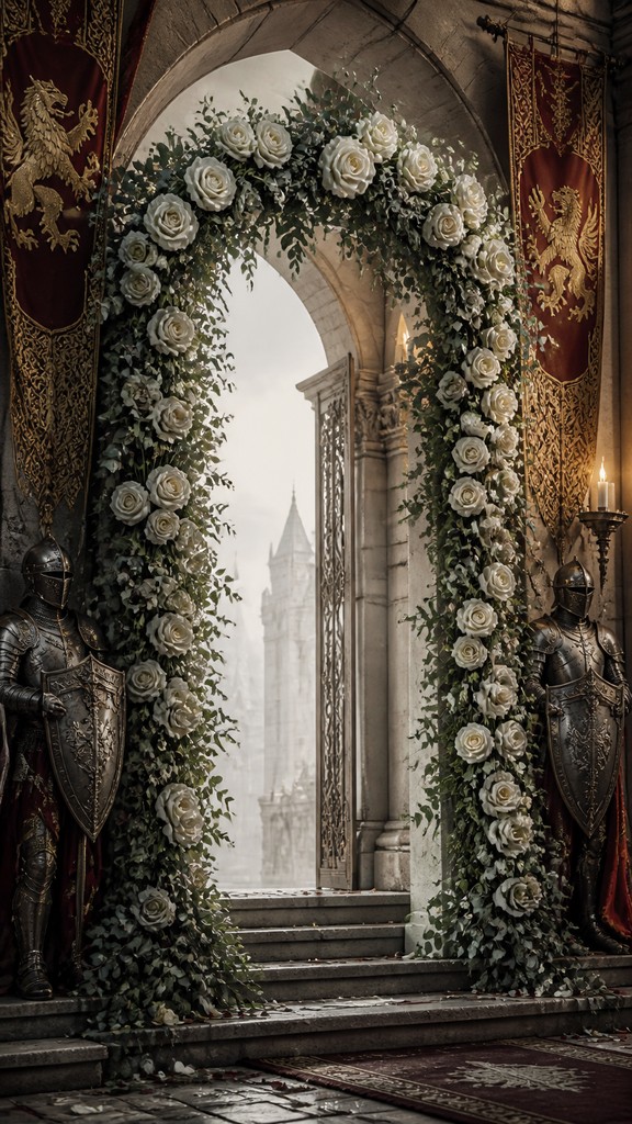 an arch of white roses and eucalyptus in soft morning light, elegant vertical composition with open space, no text