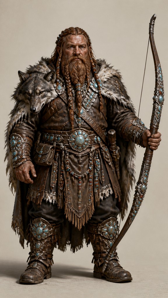 full-body original character: a dwarven ranger with a braided auburn beard, worn leather armor, a longbow and a wolf-pelt cloak, neutral background, no text