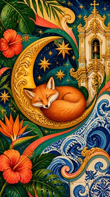 a sleeping baby fox curled on a crescent moon among soft stars, gentle and warm, no text