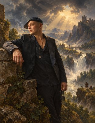 a painting of a man leaning against a wall