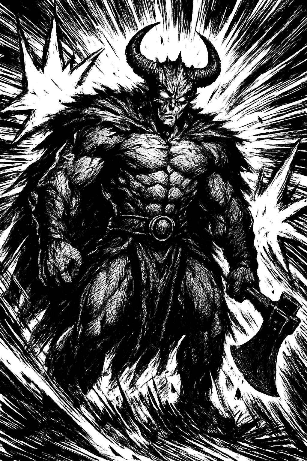 a black and white drawing of a demon