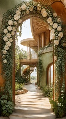 an arch of white roses and eucalyptus in soft morning light, elegant vertical composition with open space, no text