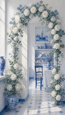 an arch of white roses and eucalyptus in soft morning light, elegant vertical composition with open space, no text