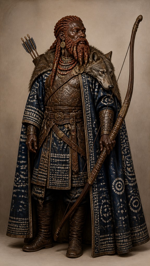 full-body original character: a dwarven ranger with a braided auburn beard, worn leather armor, a longbow and a wolf-pelt cloak, neutral background, no text