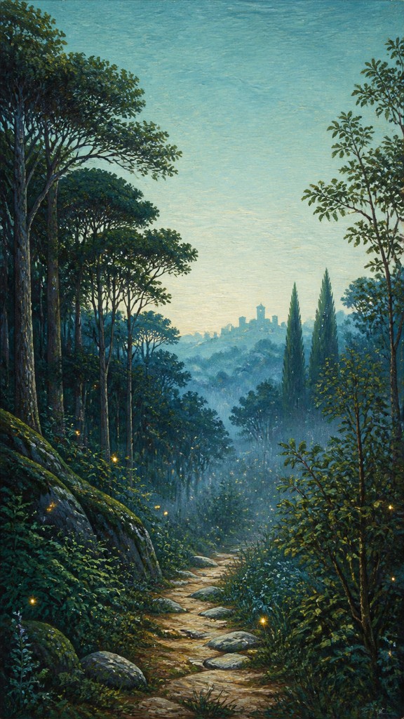 a mysterious forest path with fireflies and drifting mist, atmospheric vertical composition with open space at the top, no text